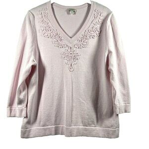 Talbots Women's Sweater Med / Large Pale Pink Pullover‎ 100% Cotton 3/4 Sleeves